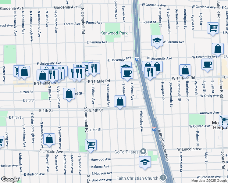 map of restaurants, bars, coffee shops, grocery stores, and more near 215 South Kenwood Avenue in Royal Oak