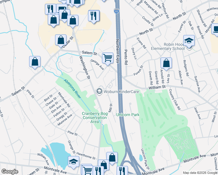map of restaurants, bars, coffee shops, grocery stores, and more near 43 Mill Street in Woburn