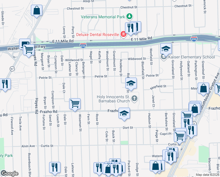map of restaurants, bars, coffee shops, grocery stores, and more near 26259 Woodmont Street in Roseville
