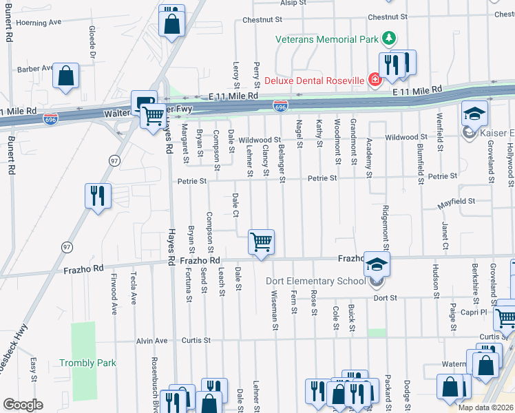 map of restaurants, bars, coffee shops, grocery stores, and more near 26244 Lehner Street in Roseville