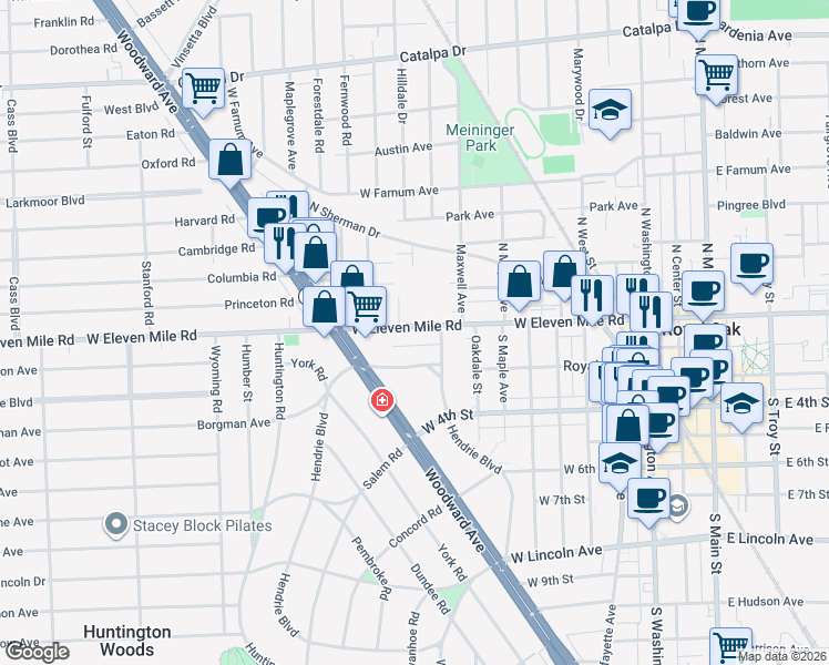 map of restaurants, bars, coffee shops, grocery stores, and more near 161 Hendrie Boulevard in Royal Oak