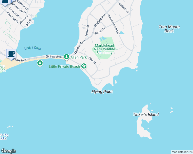 map of restaurants, bars, coffee shops, grocery stores, and more near 245 Ocean Avenue in Marblehead