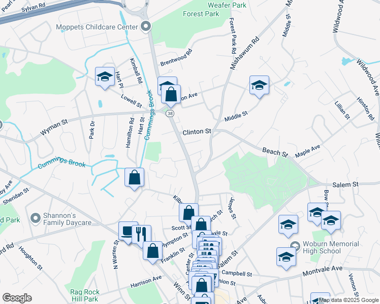 map of restaurants, bars, coffee shops, grocery stores, and more near 629 Main Street in Woburn
