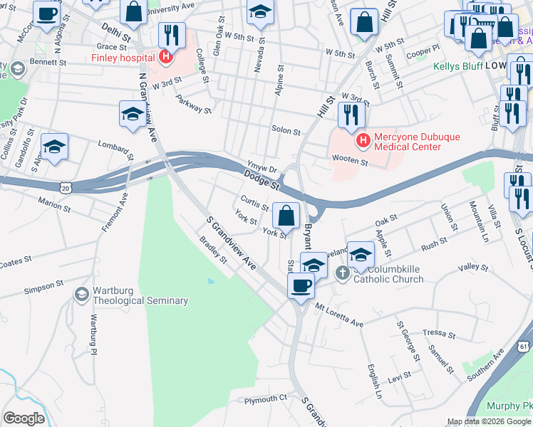 map of restaurants, bars, coffee shops, grocery stores, and more near 175 South Hill Street in Dubuque
