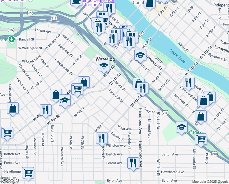 map of restaurants, bars, coffee shops, grocery stores, and more near 828 Randolph Street in Waterloo