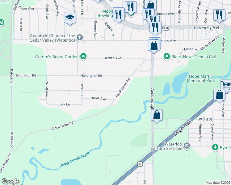 map of restaurants, bars, coffee shops, grocery stores, and more near 1414 Black Hawk Road in Waterloo