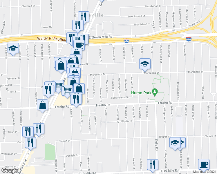 map of restaurants, bars, coffee shops, grocery stores, and more near 26210 Marlene Street in Roseville
