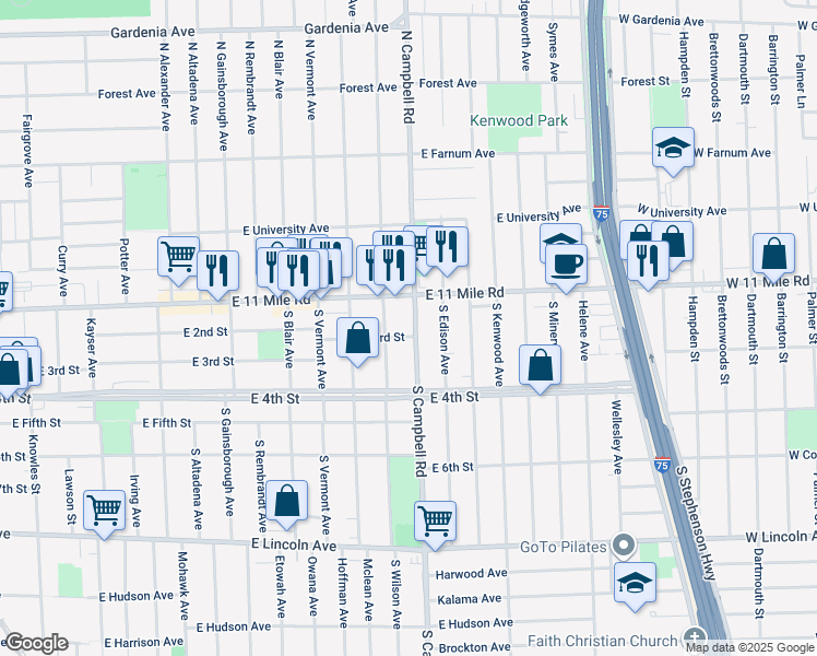 map of restaurants, bars, coffee shops, grocery stores, and more near 130 South Campbell Road in Royal Oak