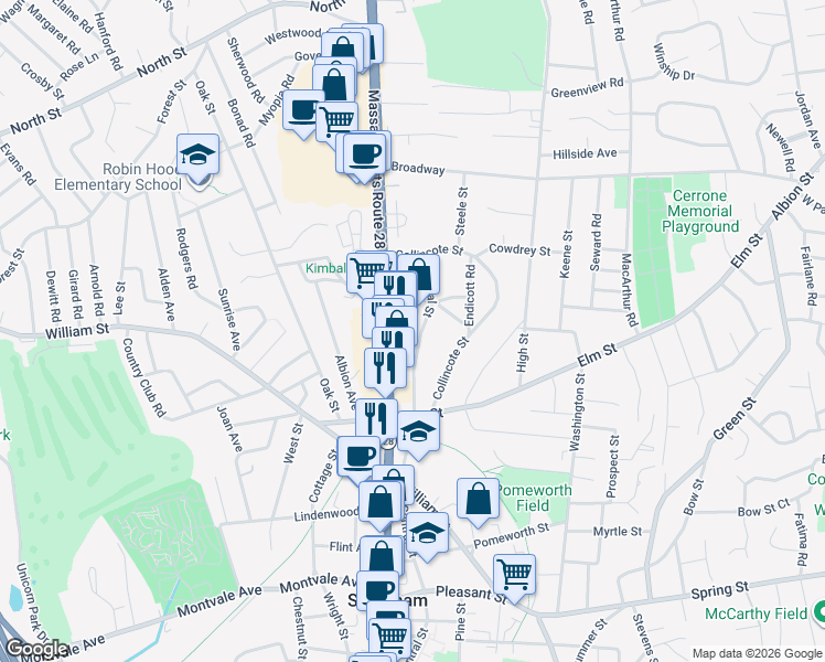 map of restaurants, bars, coffee shops, grocery stores, and more near 177 Central Street in Stoneham