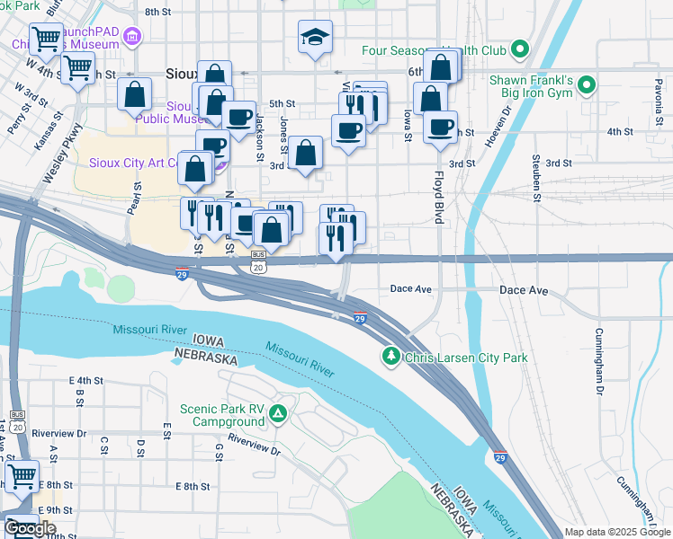 map of restaurants, bars, coffee shops, grocery stores, and more near in Sioux City