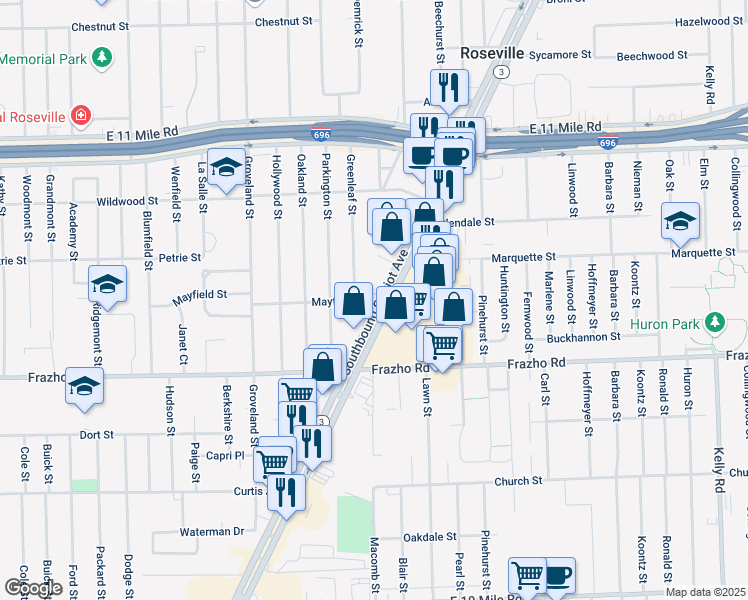 map of restaurants, bars, coffee shops, grocery stores, and more near 26151 Gratiot Avenue in Roseville