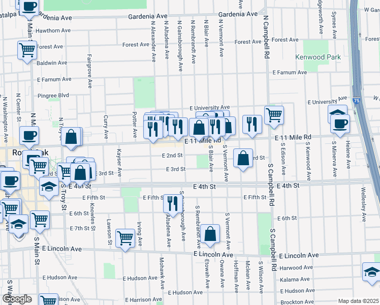 map of restaurants, bars, coffee shops, grocery stores, and more near 211 South Gainsborough Avenue in Royal Oak