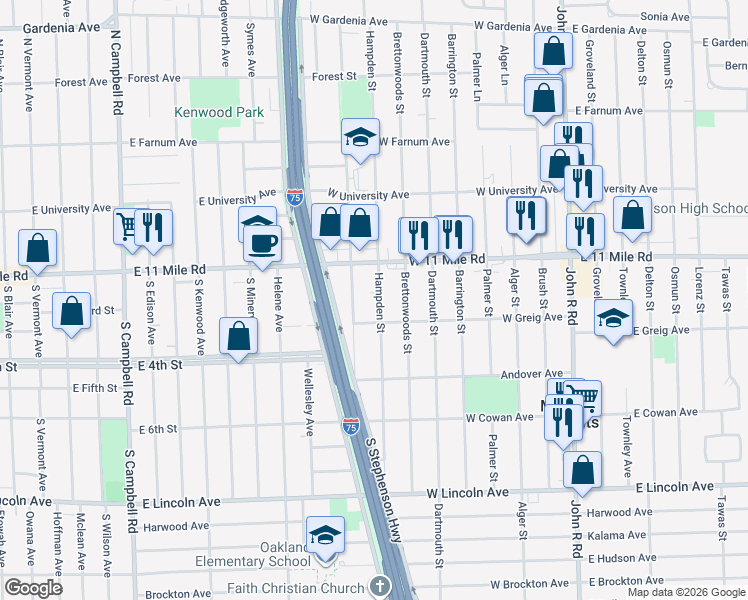 map of restaurants, bars, coffee shops, grocery stores, and more near 26709 Hampden Street in Madison Heights