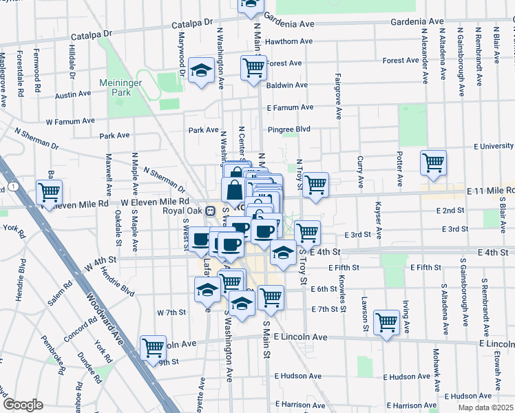 map of restaurants, bars, coffee shops, grocery stores, and more near in Royal Oak