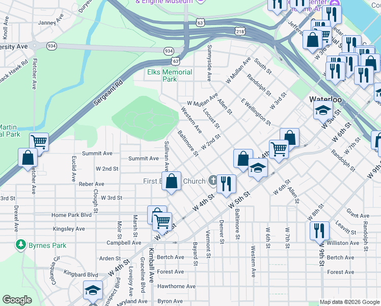 map of restaurants, bars, coffee shops, grocery stores, and more near 308 Baltimore Street in Waterloo