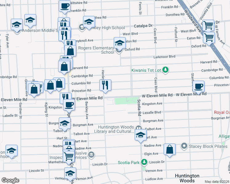 map of restaurants, bars, coffee shops, grocery stores, and more near 1964 West Eleven Mile Road in Berkley