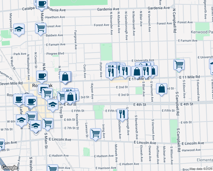 map of restaurants, bars, coffee shops, grocery stores, and more near 828 East 2nd Street in Royal Oak