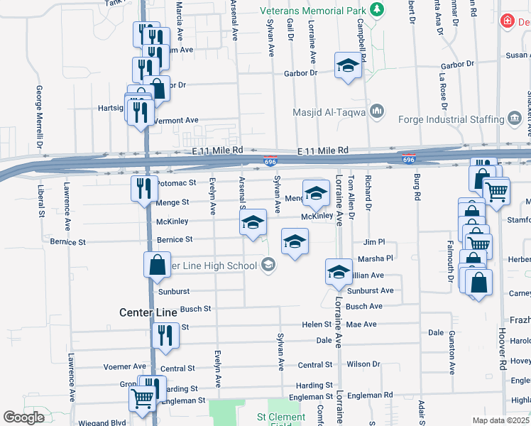 map of restaurants, bars, coffee shops, grocery stores, and more near 8456 McKinley in Center Line