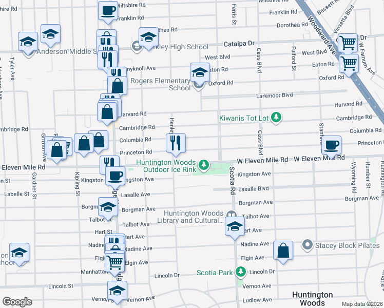 map of restaurants, bars, coffee shops, grocery stores, and more near 1964 West Eleven Mile Road in Berkley