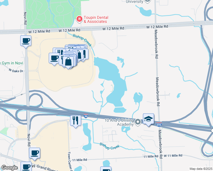 map of restaurants, bars, coffee shops, grocery stores, and more near 43050 12 Oaks Crescent Drive in Novi