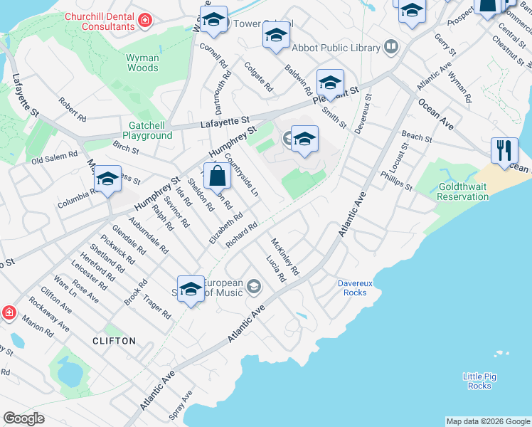 map of restaurants, bars, coffee shops, grocery stores, and more near 32 Gerald Road in Marblehead