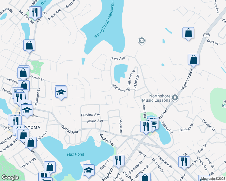 map of restaurants, bars, coffee shops, grocery stores, and more near 117 Maplewood Road in Lynn