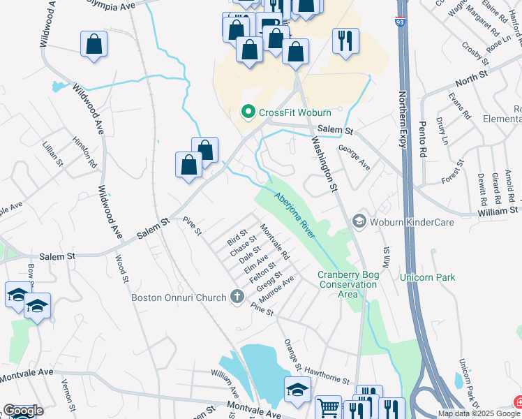 map of restaurants, bars, coffee shops, grocery stores, and more near 53 Montvale Road in Woburn
