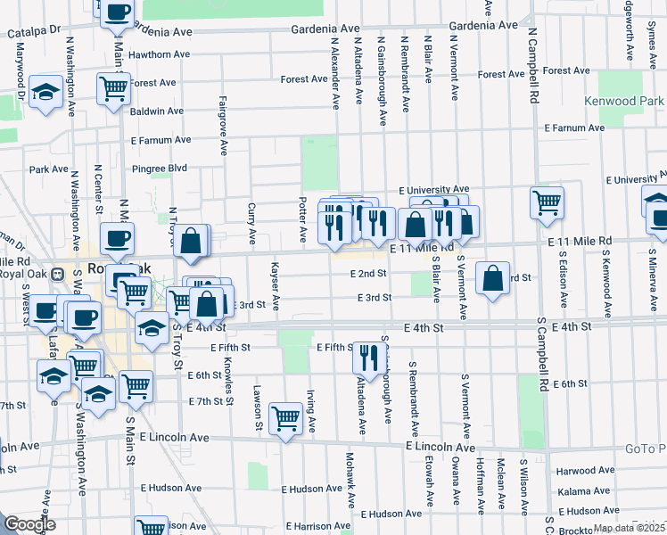 map of restaurants, bars, coffee shops, grocery stores, and more near 828 East 2nd Street in Royal Oak