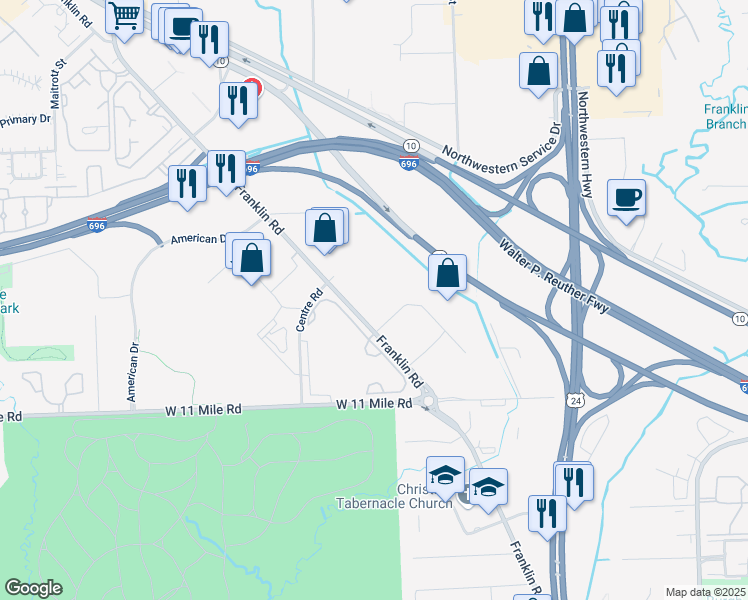 map of restaurants, bars, coffee shops, grocery stores, and more near 27600 Franklin Road in Southfield