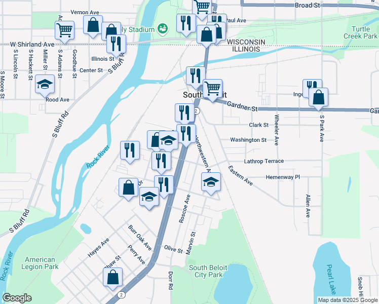 map of restaurants, bars, coffee shops, grocery stores, and more near 545 Blackhawk Boulevard in South Beloit