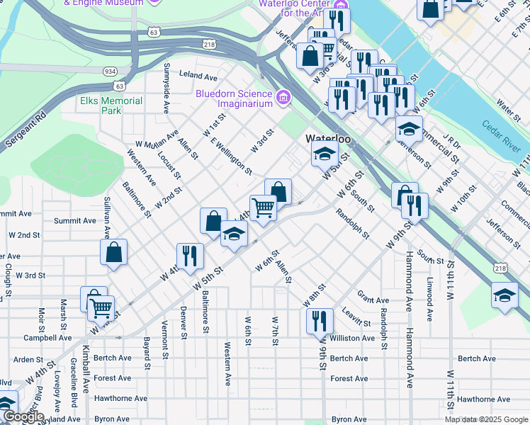 map of restaurants, bars, coffee shops, grocery stores, and more near 910 West 5th Street in Waterloo