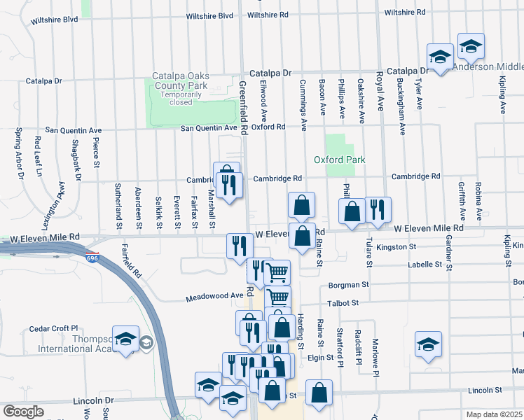 map of restaurants, bars, coffee shops, grocery stores, and more near 1772 Greenfield Road in Berkley