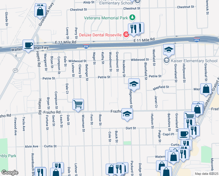 map of restaurants, bars, coffee shops, grocery stores, and more near 26307 Woodmont Street in Roseville
