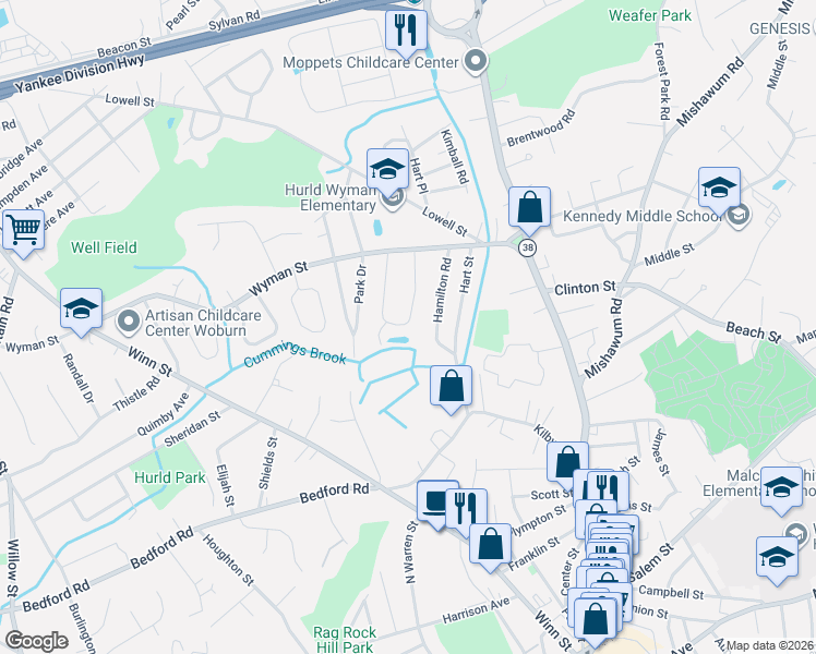 map of restaurants, bars, coffee shops, grocery stores, and more near 21 Hamilton Road in Woburn