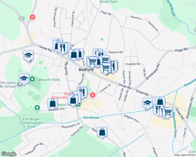 map of restaurants, bars, coffee shops, grocery stores, and more near 13 Webber Avenue in Bedford