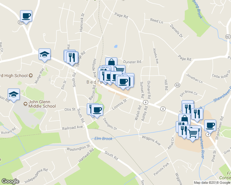 map of restaurants, bars, coffee shops, grocery stores, and more near 13 Webber Avenue in Bedford
