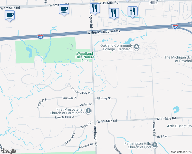 map of restaurants, bars, coffee shops, grocery stores, and more near 26508 Farmington Road in Farmington Hills