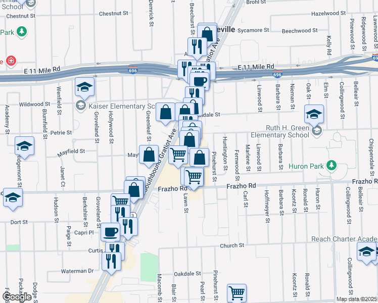 map of restaurants, bars, coffee shops, grocery stores, and more near 26380 Eastgate Boulevard in Roseville