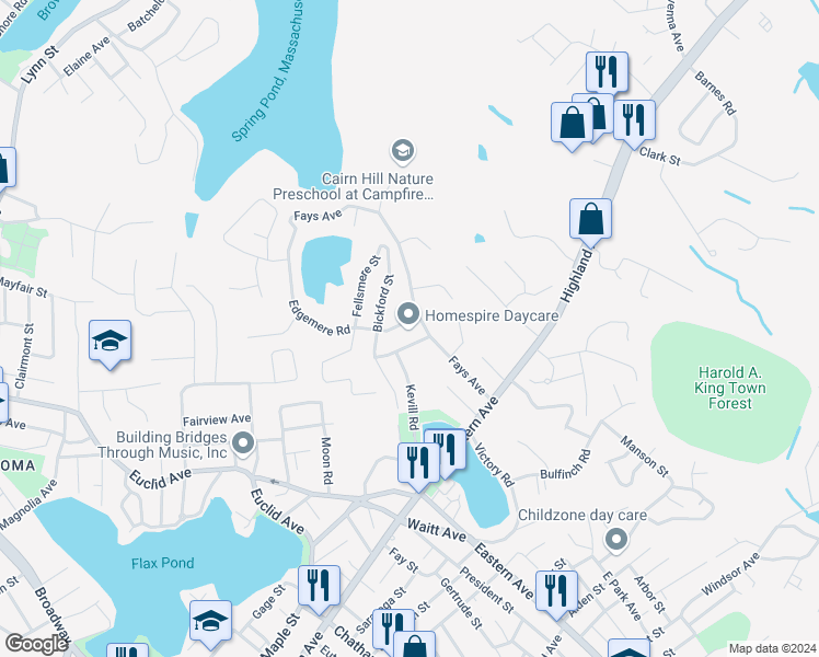 map of restaurants, bars, coffee shops, grocery stores, and more near 25 Lynnmere Avenue in Lynn