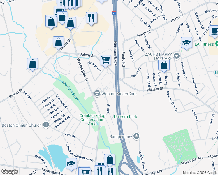 map of restaurants, bars, coffee shops, grocery stores, and more near 43 Mill Street in Woburn