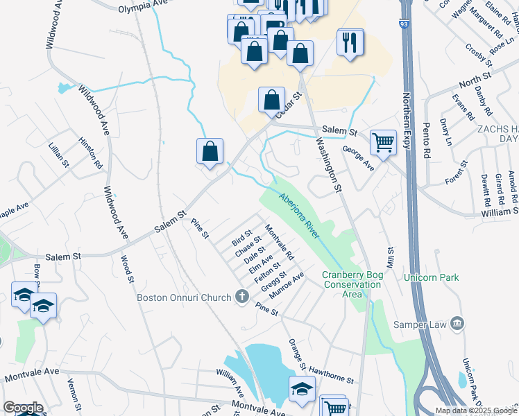 map of restaurants, bars, coffee shops, grocery stores, and more near 53 Montvale Road in Woburn