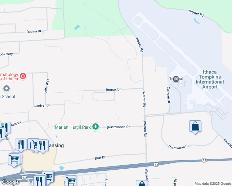map of restaurants, bars, coffee shops, grocery stores, and more near 404 East Pointe Drive in Lansing