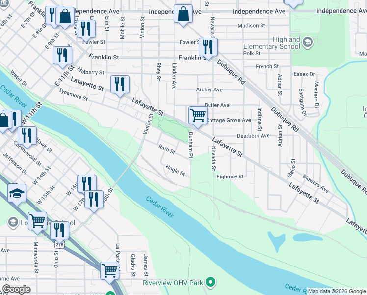 map of restaurants, bars, coffee shops, grocery stores, and more near 410-498 Rath St in Waterloo