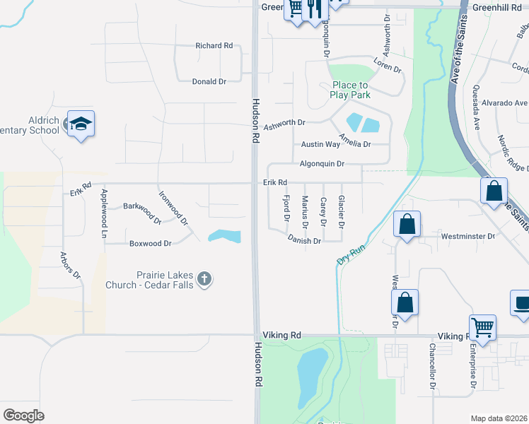 map of restaurants, bars, coffee shops, grocery stores, and more near 1603 Danish Drive in Cedar Falls