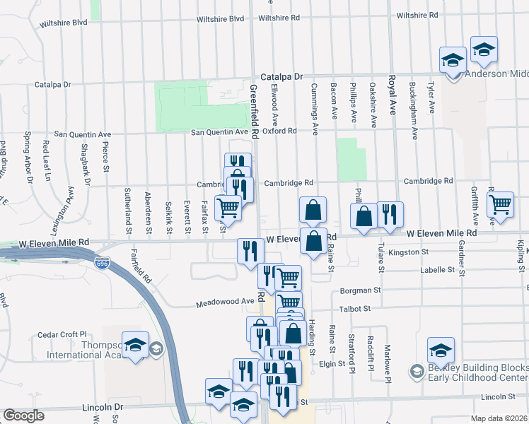 map of restaurants, bars, coffee shops, grocery stores, and more near 1772 Greenfield Road in Berkley