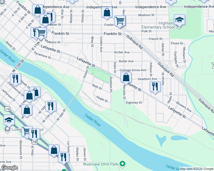 map of restaurants, bars, coffee shops, grocery stores, and more near 410-498 Rath St in Waterloo