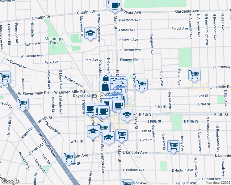map of restaurants, bars, coffee shops, grocery stores, and more near in Royal Oak