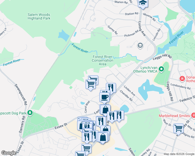 map of restaurants, bars, coffee shops, grocery stores, and more near 24 Cedar Crest Avenue in Salem