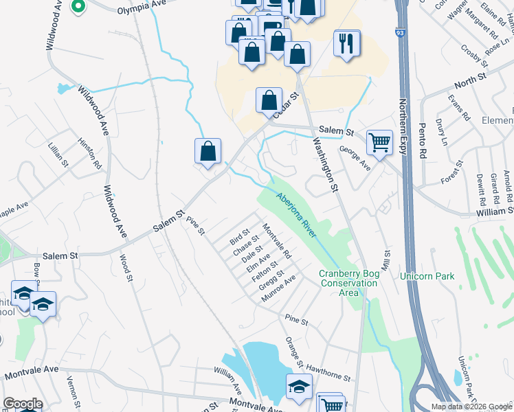 map of restaurants, bars, coffee shops, grocery stores, and more near 53 Montvale Road in Woburn