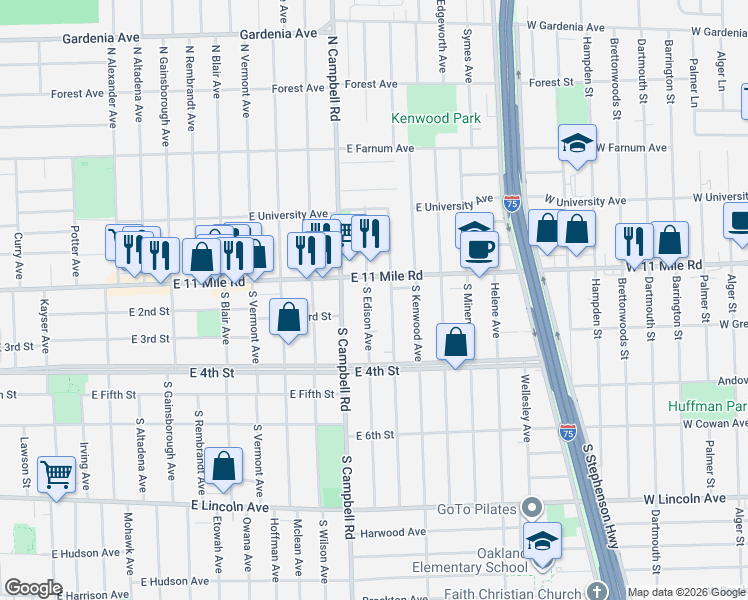 map of restaurants, bars, coffee shops, grocery stores, and more near 212 South Dorchester Avenue in Royal Oak
